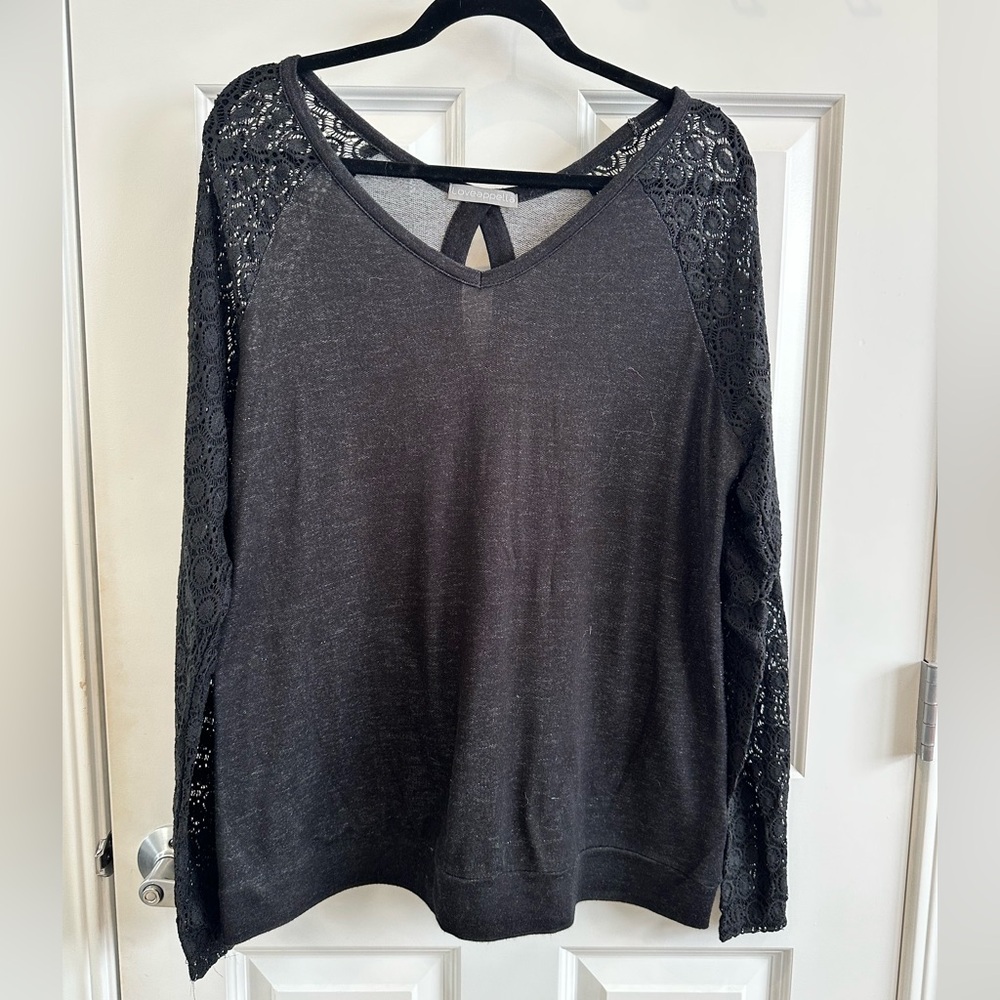 Loveapella Heather Charcoal Top w/ Lace Sleeves (XL)